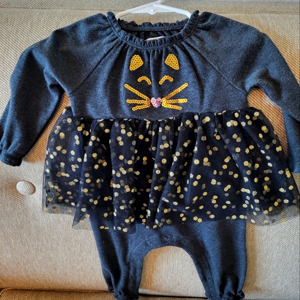 MudPie Gray and Gold Cat Face Kids One Piece 3- 6m